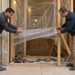 Hall d’immeuble parisien en travaux, avec deux artisans préparant une zone de chantier protégée sous une lumière naturelle.
