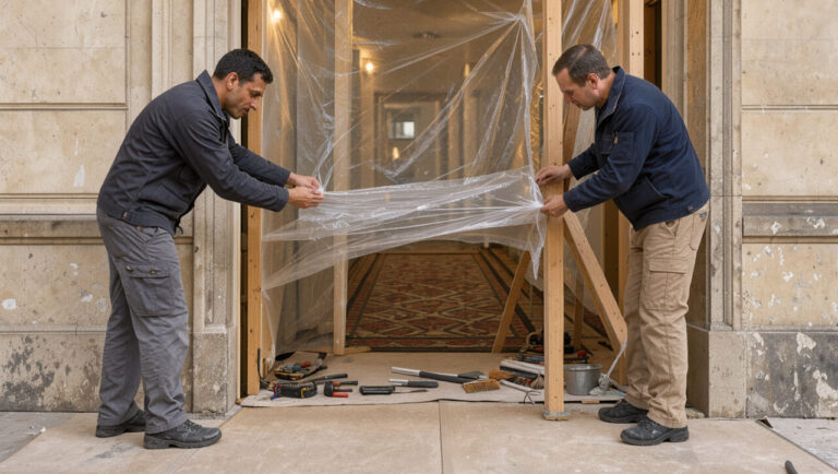 Hall d’immeuble parisien en travaux, avec deux artisans préparant une zone de chantier protégée sous une lumière naturelle.