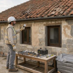 Artisan inspectant la façade et le toit d’une ancienne maison en rénovation sur un chantier propre et bien organisé, éclairé par la lumière naturelle.