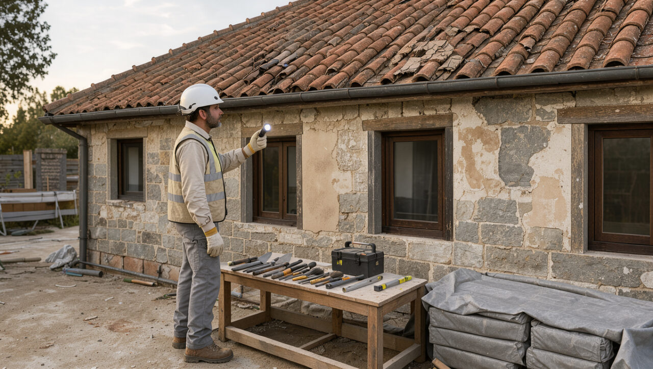 Artisan inspectant la façade et le toit d’une ancienne maison en rénovation sur un chantier propre et bien organisé, éclairé par la lumière naturelle.