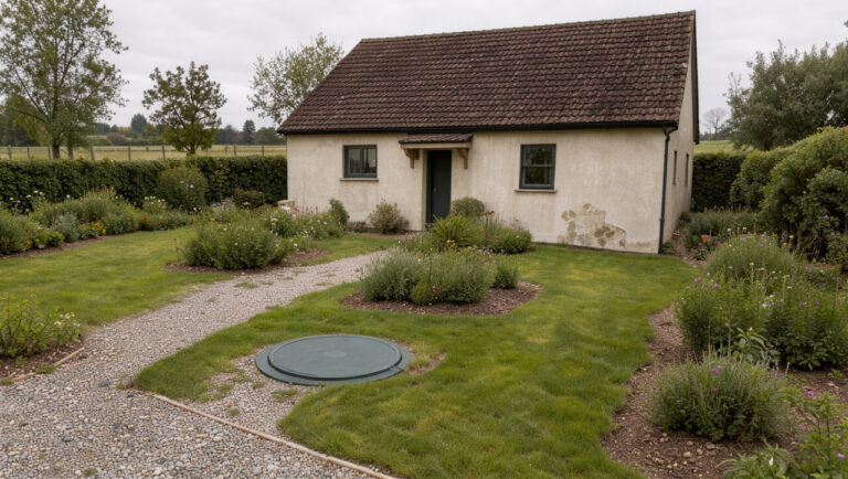 Maison individuelle située à la campagne, entourée d’un jardin soigneusement entretenu avec un regard discret d’assainissement près d’une allée.