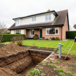 Maison individuelle avec jardin, tranchées d’assainissement ouvertes et artisan inspectant une installation extérieure.