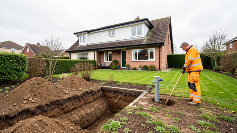 Maison individuelle avec jardin, tranchées d’assainissement ouvertes et artisan inspectant une installation extérieure.