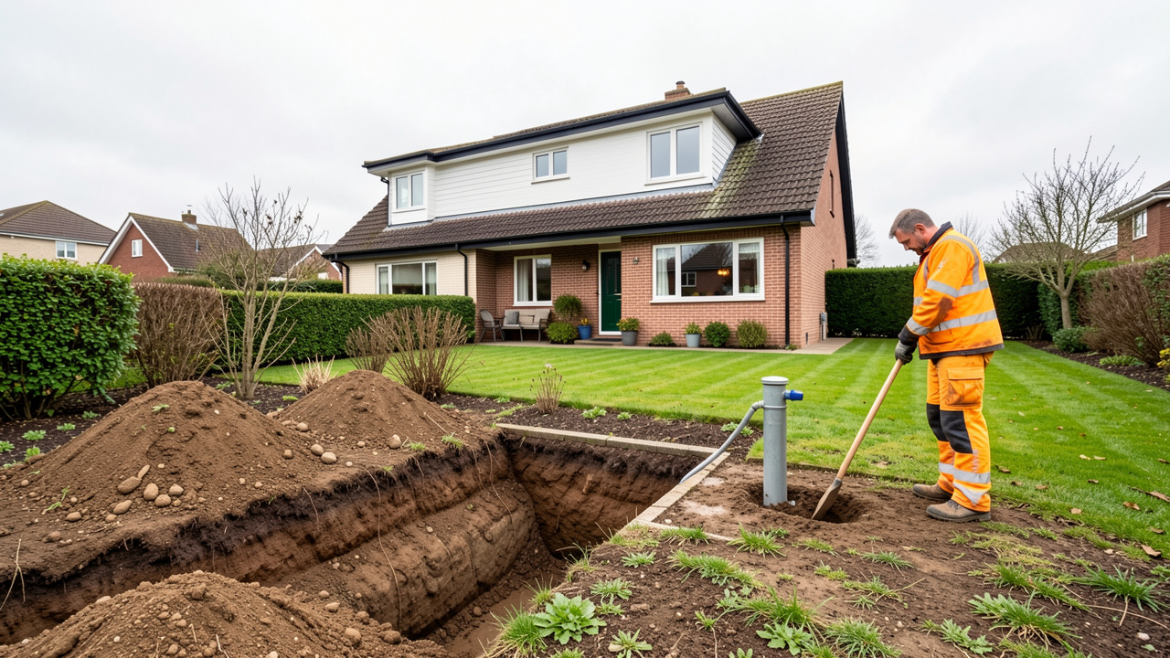 Maison individuelle avec jardin, tranchées d’assainissement ouvertes et artisan inspectant une installation extérieure.