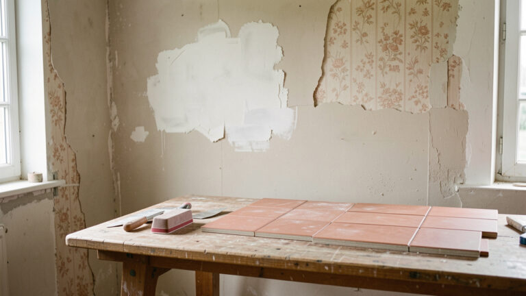 Mur intérieur en rénovation avec papier peint décollé, enduit de rebouchage, outils et carreaux disposés sur un établi.