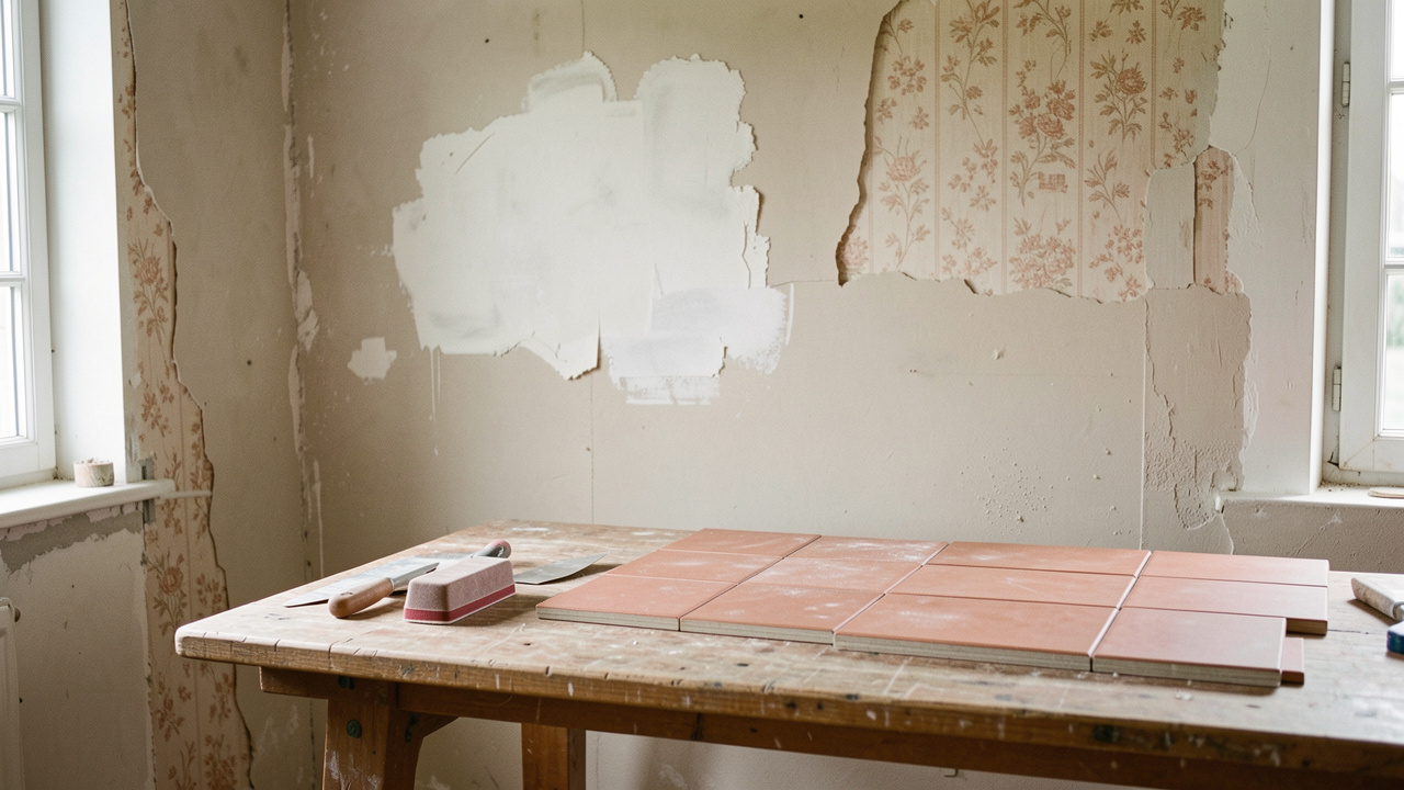 Mur intérieur en rénovation avec papier peint décollé, enduit de rebouchage, outils et carreaux disposés sur un établi.