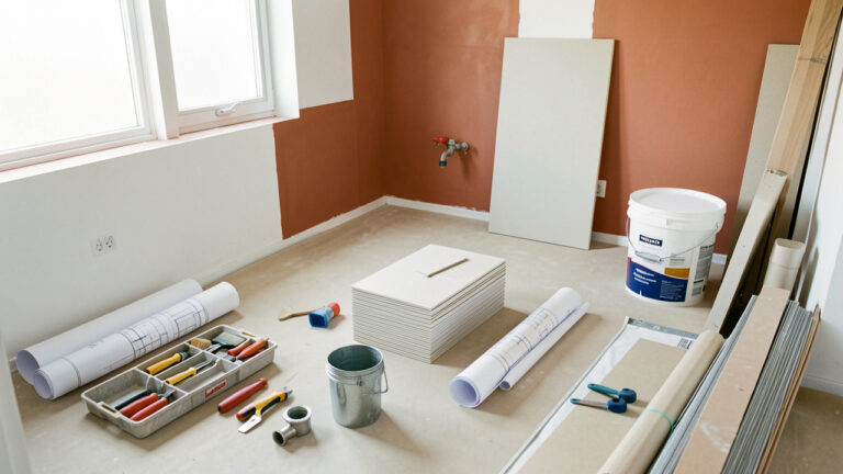 Salle de bain en rénovation avec plans vierges, carrelage, outils et matériaux soigneusement organisés.