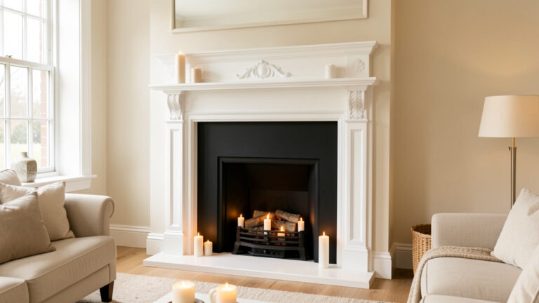 Salon lumineux avec une cheminée décorative blanche en MDF, ornée de moulures classiques, une niche sombre et des bougies LED chaleureuses.